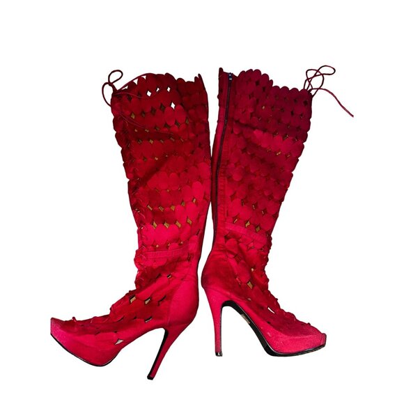 Red Wide Calf Gladiator Womens High Heel Boots Plus Size 9W Thigh High‎ Sexy HOT - Picture 7 of 9